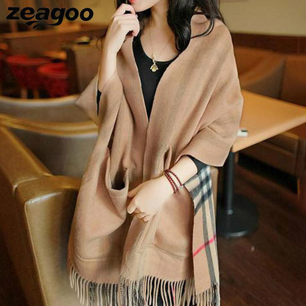 with Warm Double Sided Plaid Tassel Wrap Shawl Blanket Scarves Women Pockets