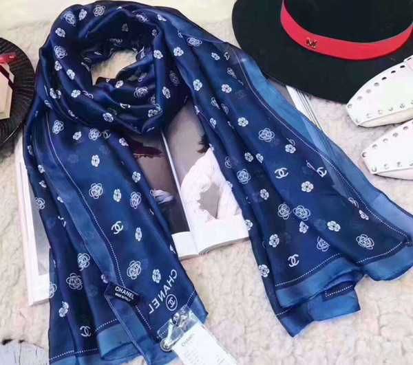 2019 Spring new Silk scarf for Women Hot Sale Plaid Printed Long Scarves size 180x90Cm Shawls For Women gift dark blue