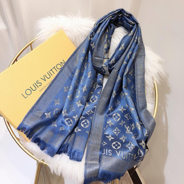 Fashion women letter F silk and cotton scarf latest design gold shining thread cotton textile high quality scarf 180*70cm with box blue1