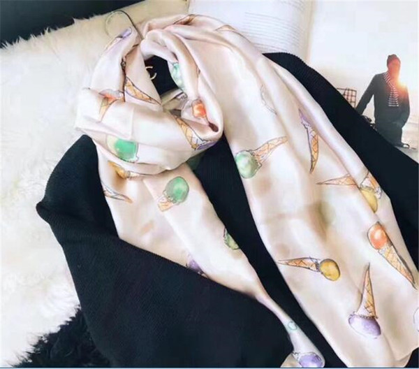 Luxury Brand Women Silk Scarf 2018 Summer Designer Ice cream pattern Long Scarf Label 180x90Cm Shawl Silk Letter Scarves