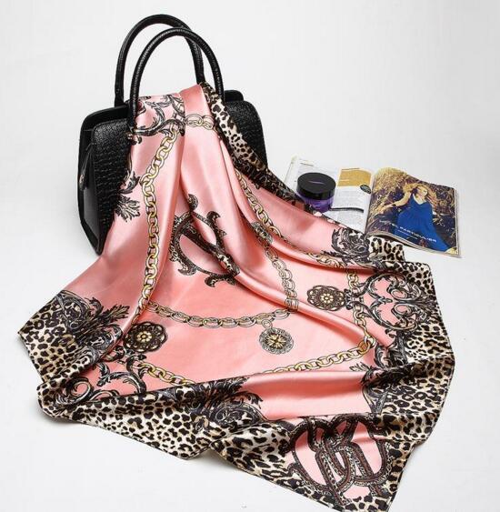 Pink Leopard Hijab Scarf Women Luxury Brand Silk Scarfs Foulard Square Head Wraps New Fashion Shawl Manufacturer 90*90cm Square Scarves