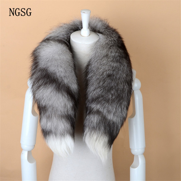 NGSG Real Fox Fur Scarf Women Men Striped Winter Warm 80-90CM Long Tail Scarf Fashion Luxury Collar Scarves Wraps Female W001 C18110101