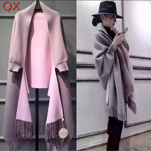 SC2 2017 Oversize Double Side Scarf Winter Faux Cashmere Poncho Women Solid Designer Female Long Sleeves Wrap Vintage Shawl Y18102010