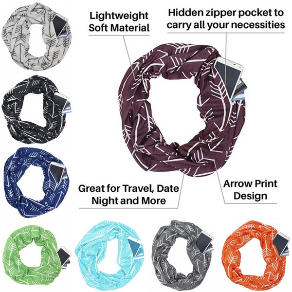 Lady Infinity Scarf Zipper Storage Pocket Autumn Warm Polyester Loop Scarves Fashion Soft Arrow Printing Wrap 15gc hh