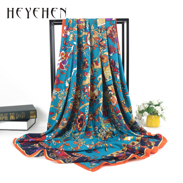 130*130CM Luxury Brand 100% Twill Silk Women Big Square Scarf Flower Ladies Shawl Summer Bandana Hijab Fashion HY110