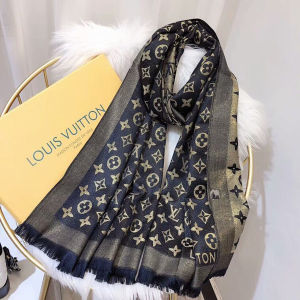 High-grade designer scarf fashion luxury lady spring and autumn gold silk cotton long towel belt label soft and comfortable180*70cm hot sale