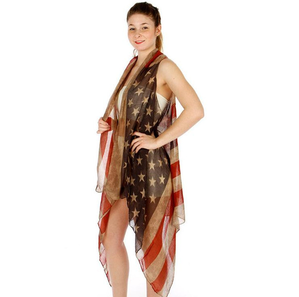 Women's Summer American Flag Beach Cover up Poncho Tunic Top Scarf Wrap Flag CapeFaded American Flag Sleeveless Cardigan Vest