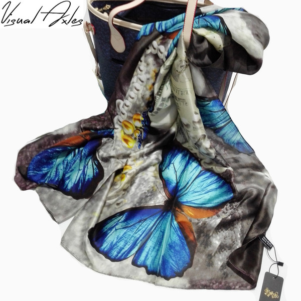 [Visual Axles] 2016 Brand Scarves Colorful Butterfly Print Silk Scarf Women Shawl Stole