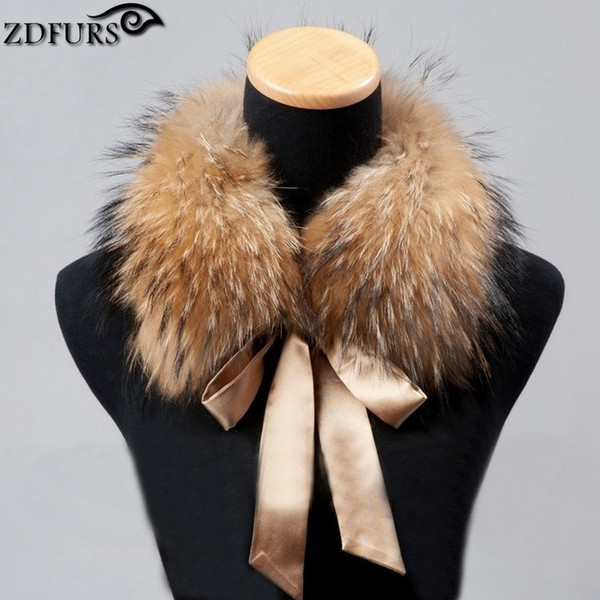 Wholesale- 2016 Fashion Fur Scarf Real Raccoon Dog Fur Collars with Ribbon Real Fur Stole for Wool Coats 48CM