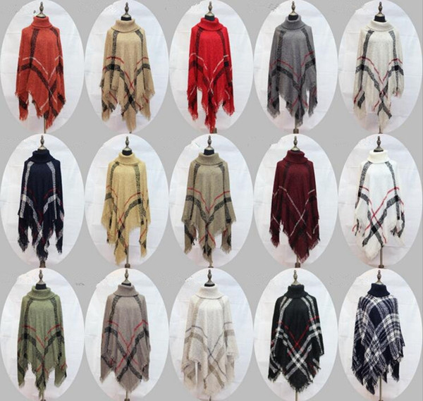 Plaid Poncho Women Tassel Blouse Knitted Coat Sweater Vintage Wraps Knit Scarves Tartan Winter Cape Grid Cardigan Cloak Shawl OOA2903