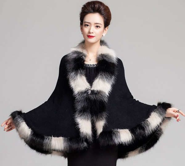 Faux Fox Fur Mixed color Poncho Coat Autumn Winter Fashion Knitted Cardigan Wool Cashmere Sweater Womens Capes and Ponchoes