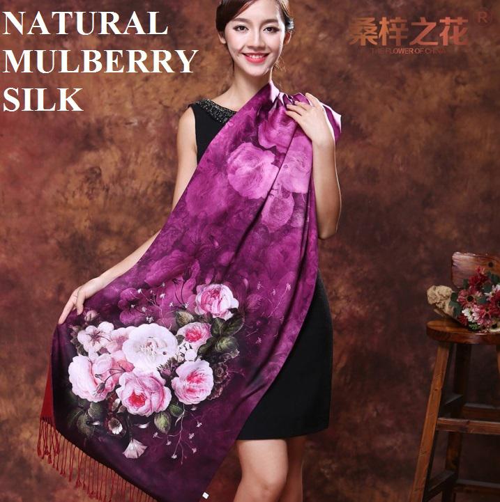 Shanghai Story 100% natural mulberry silk scarf duble layers brushed cashmere women silk pashmina tassel 190*52 long silk shawl No 11-No 19