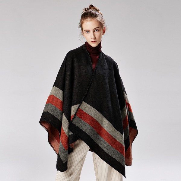 Ladies'four-way Bars Big Frame Open Fork Cashmere-like Woolen Jacquard European and American Shawls and Walking Cloaks