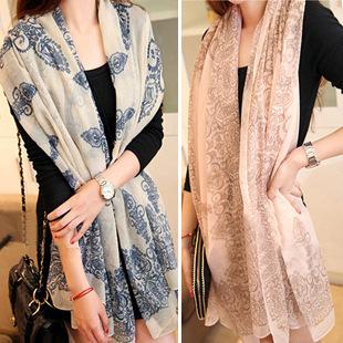 DHL FREE cheap velvet chiffon shawls High quality Blue and White Porcelain Style Thin Section Silk Floss Pashmina Women Scarf Shawl