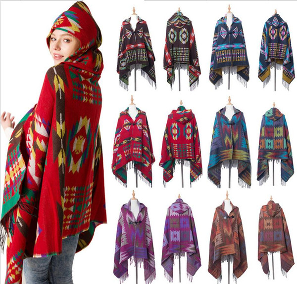 180*80CM Retro Bohemian Geometric Shawl Scarf Poncho Tribal Fringed Coat Hoodies Jacket striped Cardigans blankets Cape tassel shawl FFA993