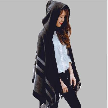 High quality women winter scarf fashion striped black beige ponchos and capes hooded thick warm shawls and scarves femme outwear
