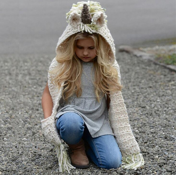 2018 New Baby Girls Cartoon Unicorn Knitting Tassels Capes Kids Hats Shawls Child Poncho Knit Wraps Hooded Jackets Children Outerwears