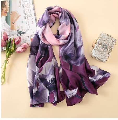 luxury brand Women Silk scarf Big Flower Print Purple Beach Shawl and Echarpe Designer scarves female beach stole bandana