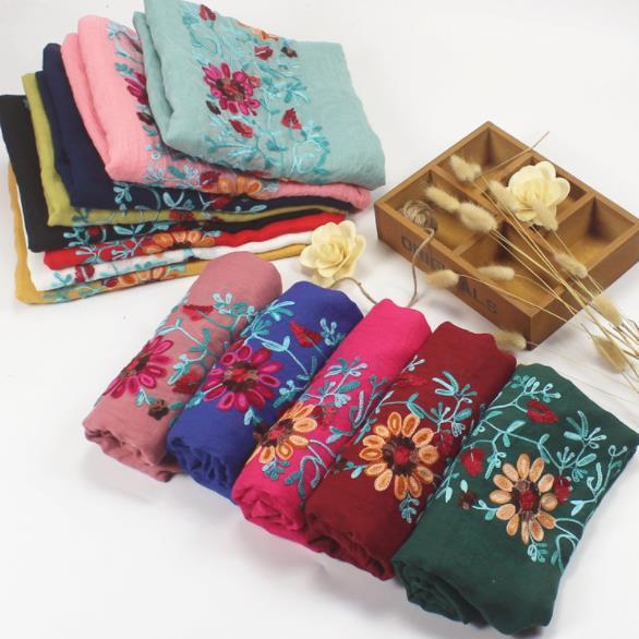 Women New Embroidered Color Cotton And Linen Scarves Literary Embroidery Flowers Sunscreen Shawl Bandana Warp knitting