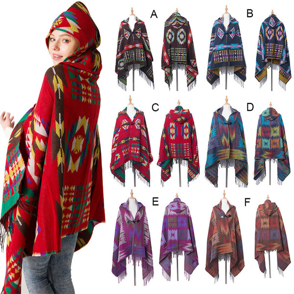 Stylish Women Bohemia ethnic printed Hoodie Cape Poncho Acrylic Wool Shawl Scarf Fashion Girls Sweater Fringe Hooded Wraps