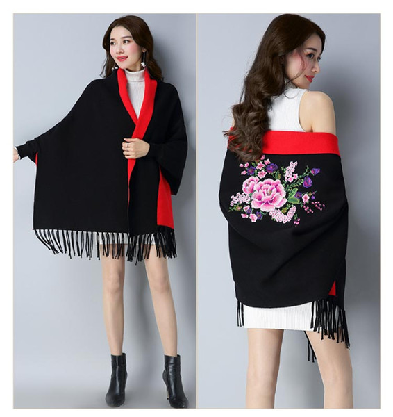 2017 new fashion wild European and American style embroidery shawl cloak cashmere long paragraph warm cloak bats shawl cardigan