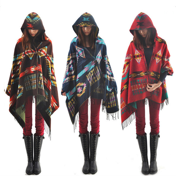 Women Hooded Cape Women's Shawls Scarves Hooded Scarf Bohemian Shawl Geometry Cardigan Printed Boho Cloaks Poncho Coat Top Womens Clothing