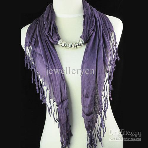 Fashion handmade jewelry beaded scarf necklace women ,Lavender color scarfs , cotton plain Knitting design hot selling , NL-1316E