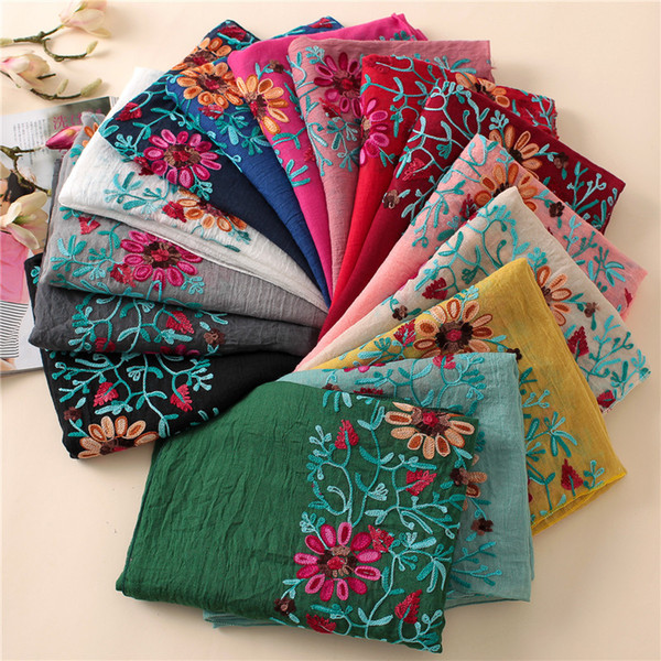 2019 Plain Embroidered Floral Viscose Scarf Shawl From Indian Bandana Print Cotton Scarves and Wraps Foulards Sjaal Muslim Hijab