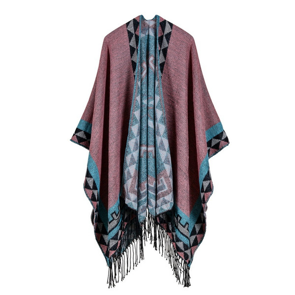 Women's Fashionable colorful Retro Style Vintage Pattern Tassel Poncho Shawl Open Front Poncho Cape 10pcs