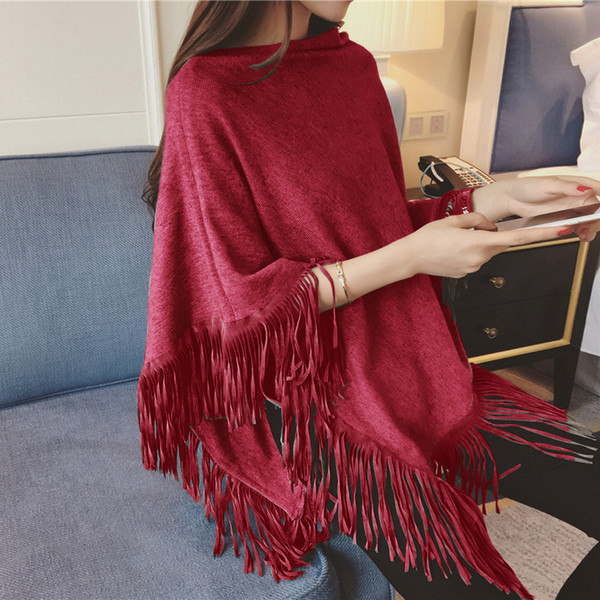 Autumn and Winter Women Tassel Poncho Solid Color Fashion Knit Ponchos For Girls Popular shawl