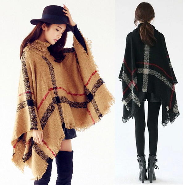 Hot Sale Brand Lady High Turtle Neck Plaid Poncho Women Knitted Tassel Sweater with Fringe Fashion Poshmina Scarf Warm Shawls B1066