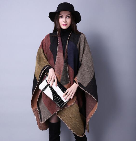 New Autumn and winter plaid scarf Women travel shawl European and American imitation cashmere folk wind thick forks cape