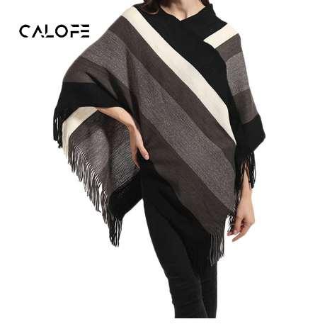 CALOFE Women Knitt Poncho Capes Shawl Ladies Tassel Cardigan Coat Streetwear Tops British Style Winter Fashion Pashmina Scarf