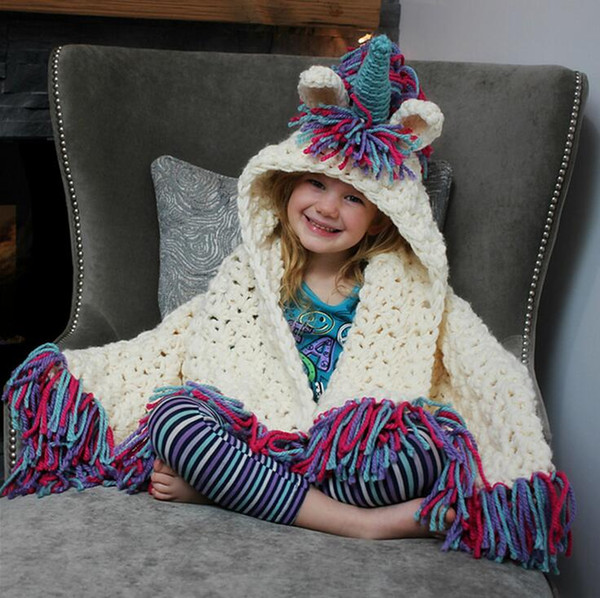 Children's Knit Hooded Pashmina Cartoon Unicorn Poncho Child Scarf Shawl Autumn Winter Warm Knitting Tassels Capes Cloak Christmas Gifts AAA