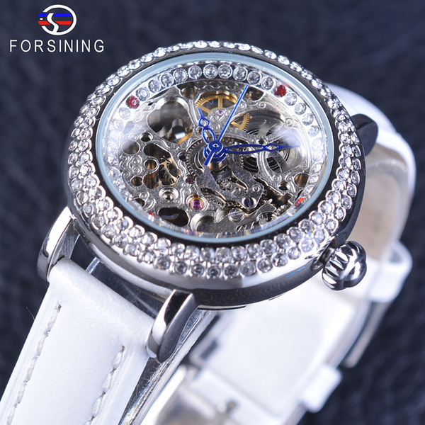 x Forsining Women's Fashion Geneva Diamond Bezel Blue Hands Skeleton Watch White Genuine Leather Automatic Watch Casual Clock