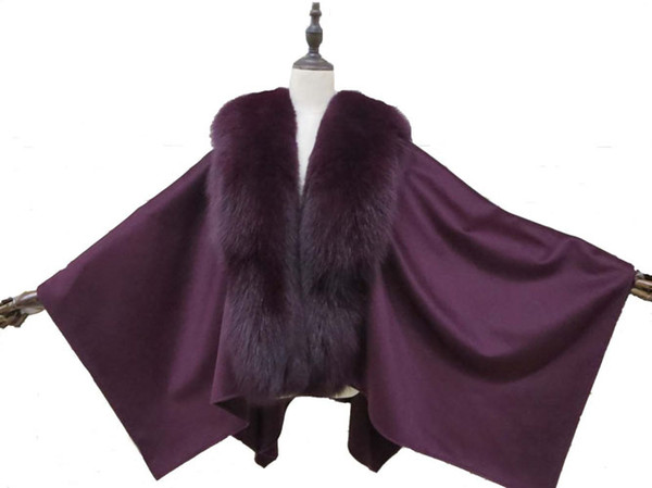 Women Winter Genuine Fox Fur Collar and Real Cashmere Cape/ Cloak Fashion Warm Romantic Soft Purple