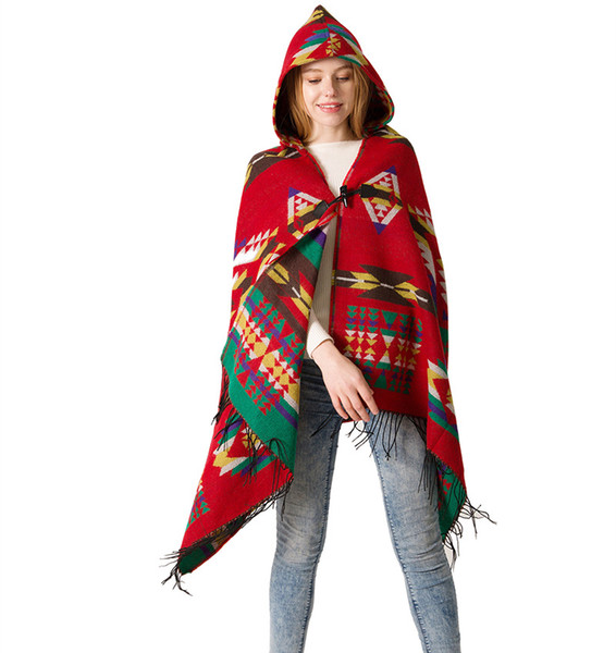 Women's Ethnic Style Geometric Pattern Hooded Cloak Long Cape Shawl Scarf Poncho