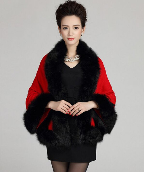 New Winter Womens Capes and Ponchos Fashion Fake Fox Fur Collar Cashmere Sweater Women Knitted Cardigan Poncho