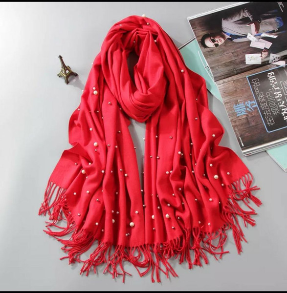 New Korean Nailed Pearl Scarf for Female Students in Winter Thickening and Warming Pure Cashmere Shawl