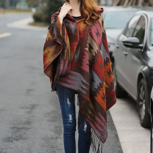 RUNMEIFA Women Winter Bohemian Hooded Coat Cape Wrap Poncho Shawl Scarf cotton and acrylic Tribal Fringe New Hoodie Dropshipping