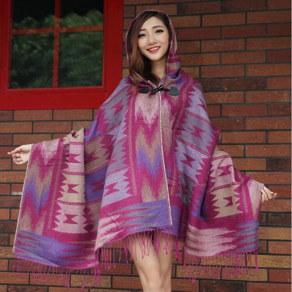 New Fashion Women Scarf thick Hooded Cape Shawl Scarf Women Toggle Cape Coat Poncho Hoodies Hooded Jacket Bohemian Jacket