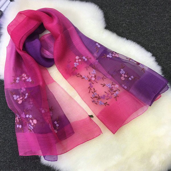 2018 Women's new silk wool scarf mulberry silk scarf embroidery embroidery long shawl