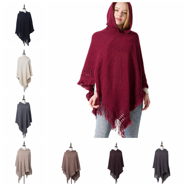 Hollow Hooded Tassel Poncho 9 Colors Knitted Hooded Women Hole Shawls Scarves Wraps Winter Hoodies Scarf Cloak 50pcs OOA5962