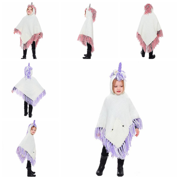 Child Hooded Knitted Shawl Hat Kids unicorn tassel Knit Poncho cartoon unicorn Hooded Cape Warm winter Shawl cloak Christmas gift KKA6180