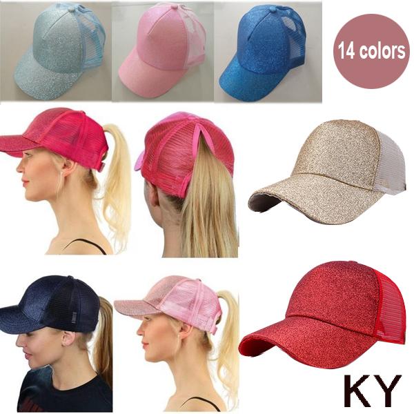 14 Colors Glitter Ponytail Ball Cap Wholesale Messy Buns Trucker Ponycaps Plain Baseball Visor Cap Glitter Ponytail Hats Snapbacks