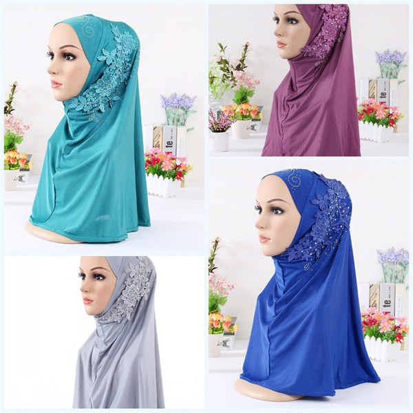 Muslim Lace Point Drill Kerchief Monochrome Ladies Splicing Fashion Hijabs New Pattern Sunshade Flower Scarf Popular Hot Sale 10jni1