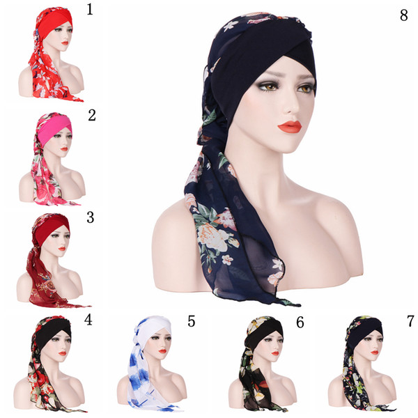 India Muslim Floral Chiffon Head Scarf Wrap 8 Colors Women Stretch Turban Cap Hats Long Tailed Bandanas Hair Accessories 100pcs OOA5522