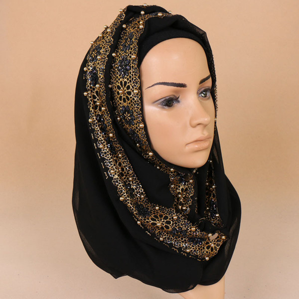 Indonesia Arab women youth girl Solid Colorful faux Silk chiffon floral Scarf Bronzing Pearl long Muslim Hijab wraps summer shield face mask