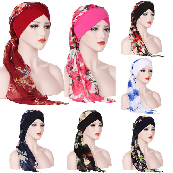 India Muslim Floral Chiffon Head Scarf Wrap 8 Colors Women Stretch Turban Cap Hats Long Tailed Bandanas Hair Accessories OOA5522