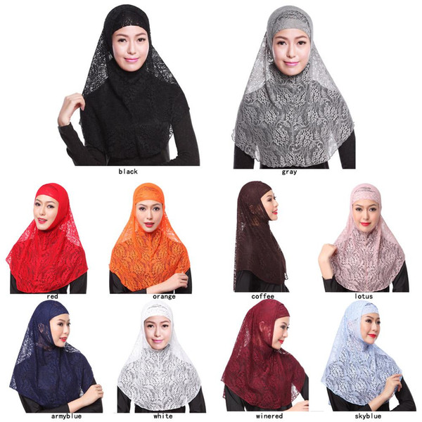 Women's Floral Lace Muslim Hijab Shawls Soft Neck Head Twines Cap + Scarf With High Quality